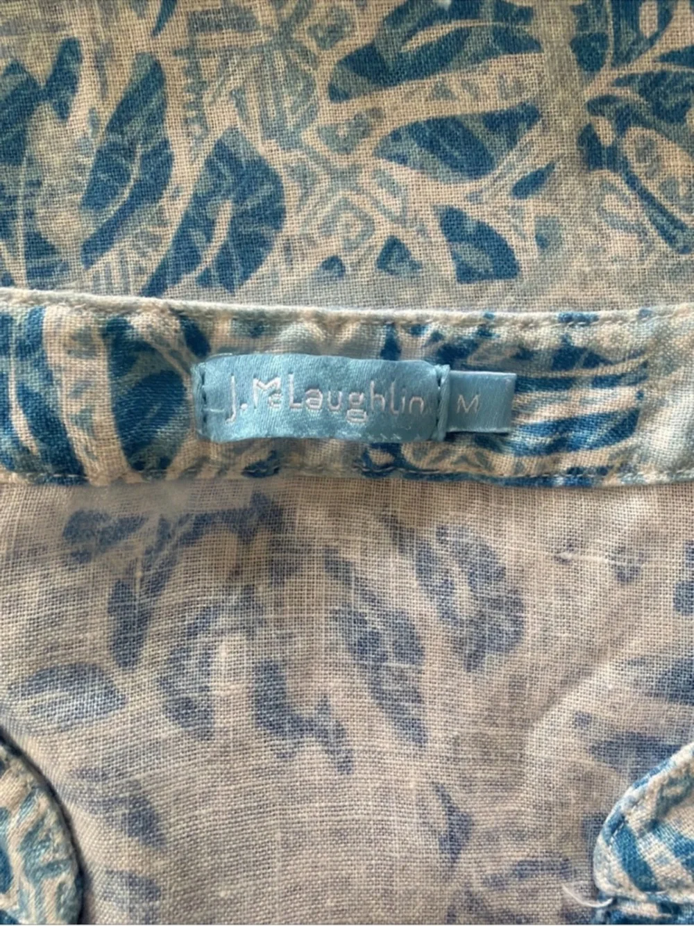 J. McLaughlin Riviera Print Blue Linen Shift Dress Pleated Roll Tab Sleeves Sz M - Picture 6 of 10